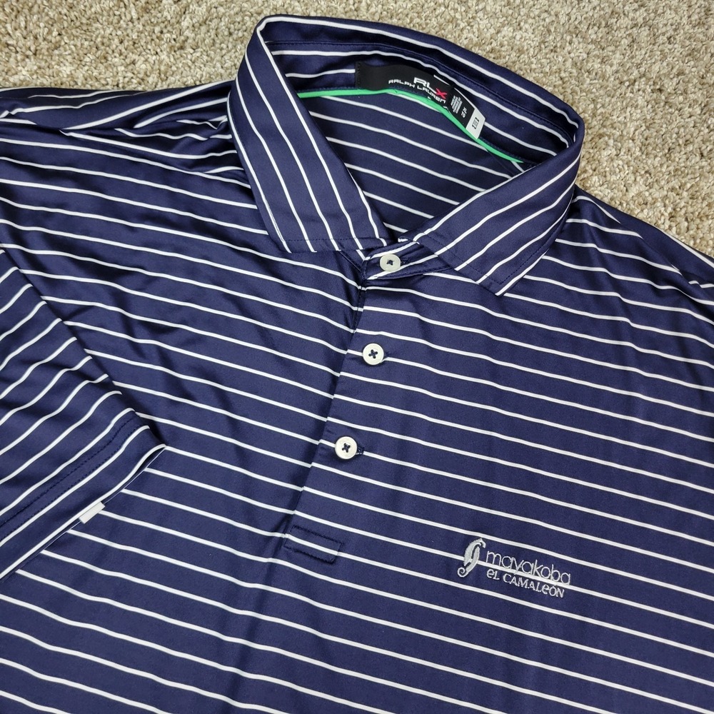 RLX‎ Ralph Lauren Mens XL Navy White Striped Performance Stretch Polo SS